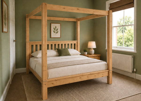 Regent natural wood four poster bed frame with thick square posts and slatted base in antique finish.