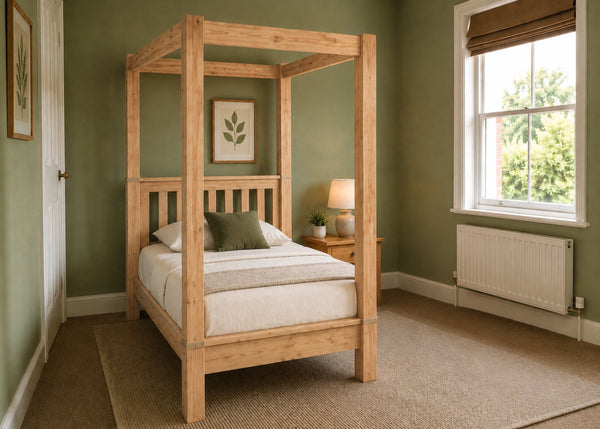 Regent natural wood four poster bed frame with thick square posts and slatted base in antique finish and single size.