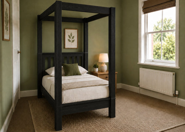Regent natural wood four poster bed frame with thick square posts and slatted base in black finish and single size.