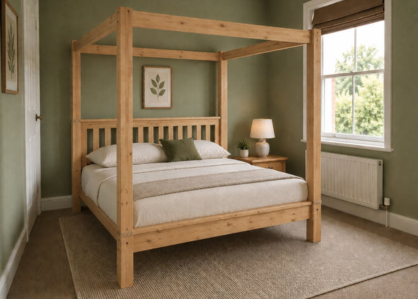 Regent natural wood four poster bed frame with thick square posts and slatted base in oak finish.