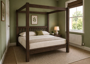 Regent natural wood four poster bed frame with thick square posts and slatted base in walnut finish.