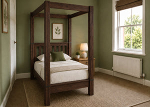 Regent natural wood four poster bed frame with thick square posts and slatted base in walnut finish and single size.