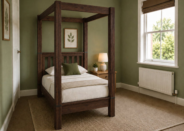 Regent natural wood four poster bed frame with thick square posts and slatted base in walnut finish and single size.