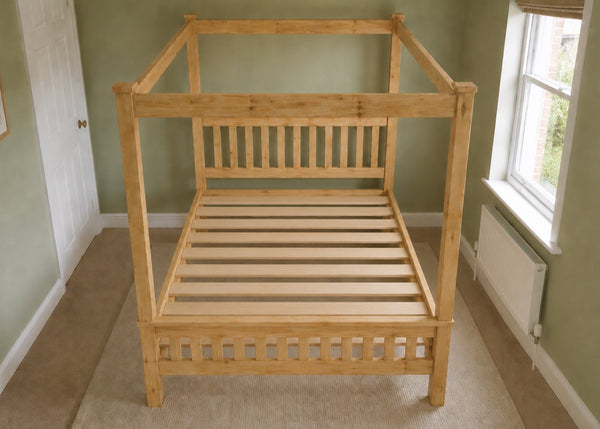 Regent natural wood four poster bed frame with thick square posts and strong slatted base.
