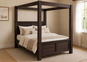 Richmond Four Poster bed with natural wood finish, strong square posts, and simple canopy frame in walnut finish.