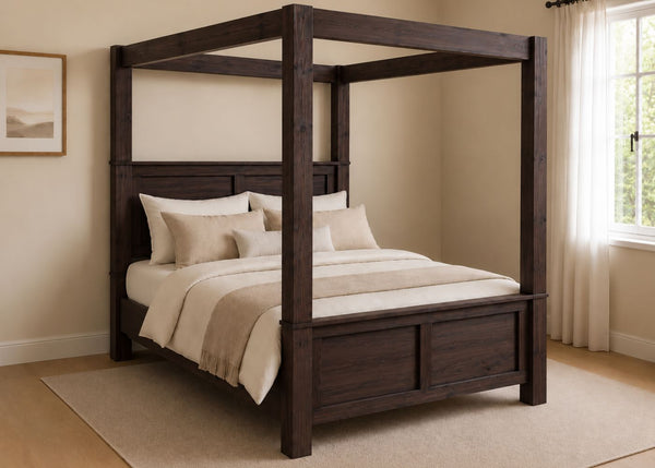 Richmond Four Poster bed with natural wood finish, strong square posts, and simple canopy frame in walnut finish.