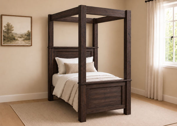 Richmond Four Poster natural wood bed frame with strong square posts and simple canopy in walnut finish and single size.