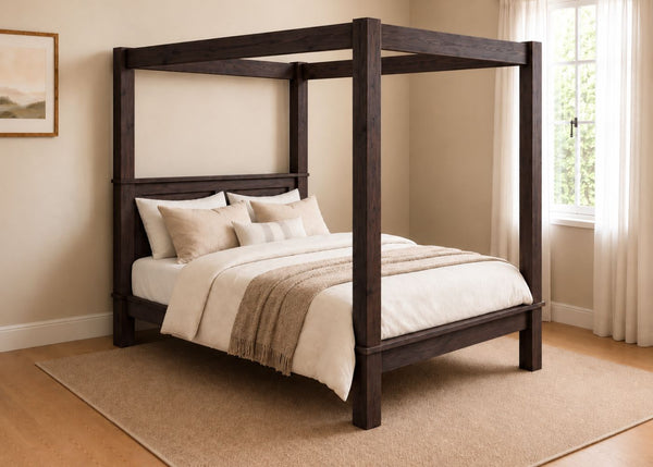 Richmond Four Poster bed with natural wood finish, strong square posts, and simple canopy frame in walnut finish.