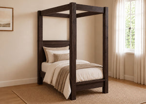 Richmond Four Poster natural wood bed frame with strong square posts and simple canopy in walnut finish and single size.