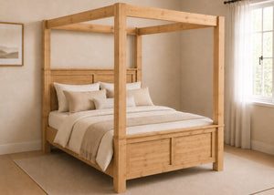 Richmond Four Poster bed with natural wood finish, strong square posts, and simple canopy frame in antique finish.