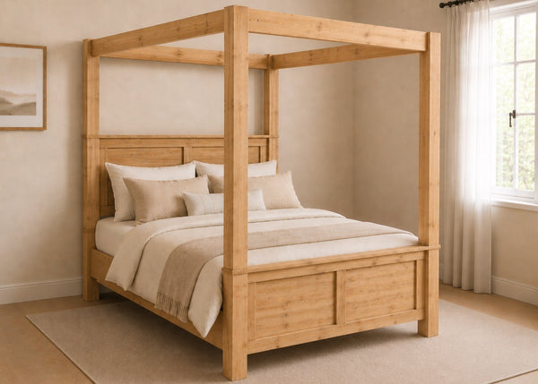 Richmond Four Poster bed with natural wood finish, strong square posts, and simple canopy frame in antique finish.