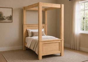 Richmond Four Poster natural wood bed frame with strong square posts and simple canopy in antique finish and single size.
