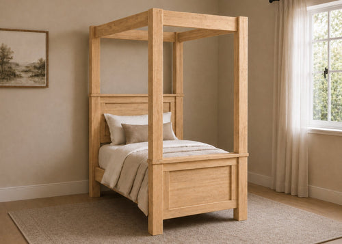 Richmond Four Poster natural wood bed frame with strong square posts and simple canopy in antique finish and single size.