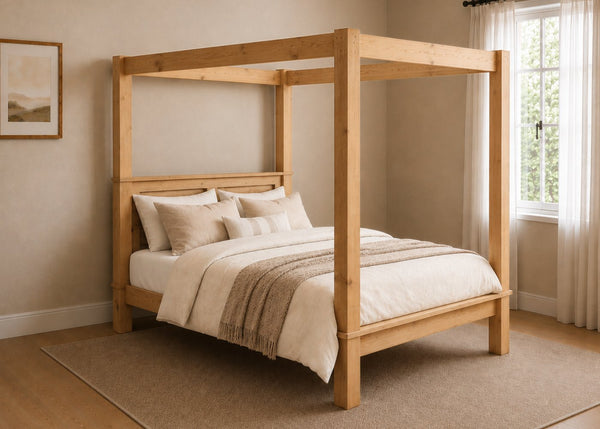Richmond Four Poster natural wood bed frame with strong square posts and simple canopy in antique finish.
