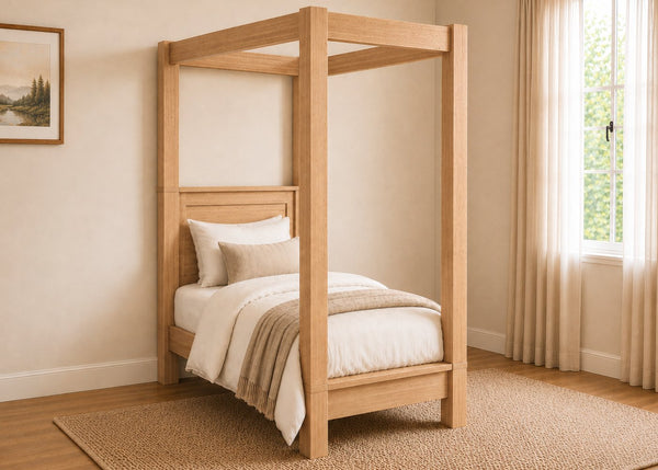 Richmond Four Poster natural wood bed frame with strong square posts and simple canopy in antique finish and single size.