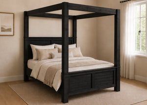 Richmond Four Poster bed with natural wood finish, strong square posts, and simple canopy frame in black finish.