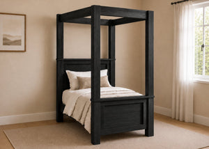 Richmond Four Poster natural wood bed frame with strong square posts and simple canopy in black finish and single size.