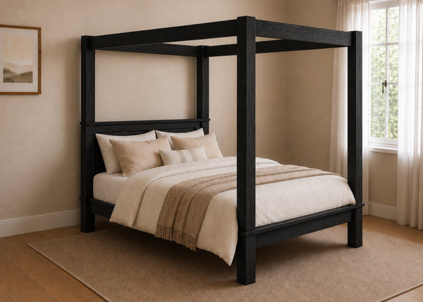 Richmond Four Poster natural wood bed frame with strong square posts and simple canopy in black finish.