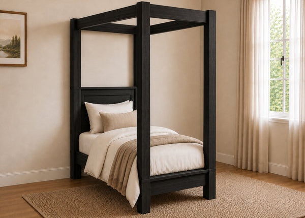 Richmond Four Poster natural wood bed frame with strong square posts and simple canopy in black finish and single size.