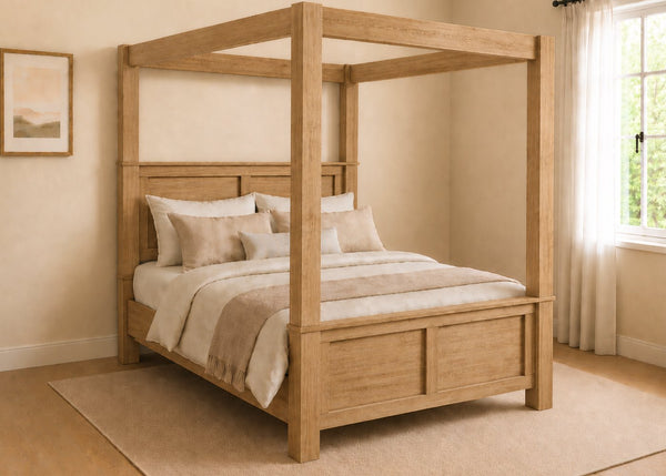 Richmond Four Poster bed with natural wood finish, strong square posts, and simple canopy frame in oak finish.