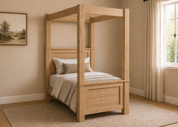 Richmond Four Poster natural wood bed frame with strong square posts and simple canopy in oak finish and single size.