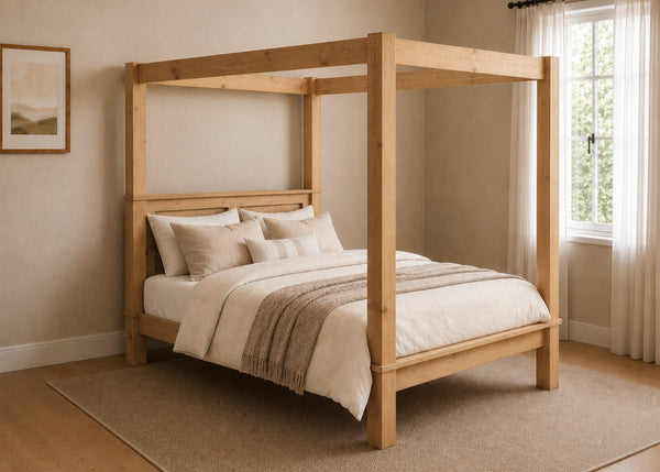 Richmond Four Poster natural wood bed frame with strong square posts and simple canopy in oak finish.