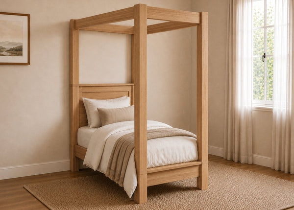 Richmond Four Poster natural wood bed frame with strong square posts and simple canopy in oak finish and single size.
