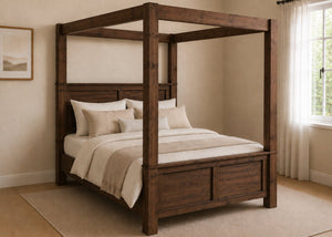 Richmond Four Poster bed with natural wood finish, strong square posts, and simple canopy frame in walnut finish.