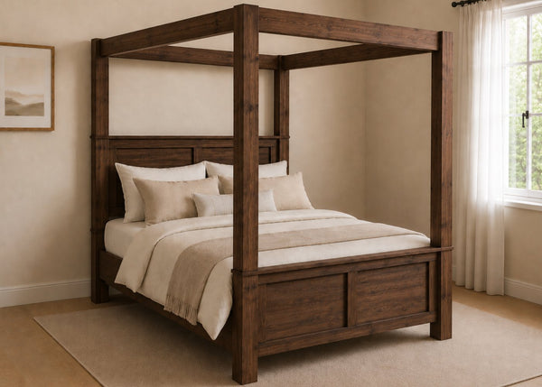 Richmond Four Poster bed with natural wood finish, strong square posts, and simple canopy frame in walnut finish.