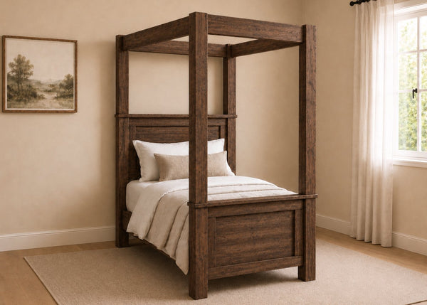 Richmond Four Poster natural wood bed frame with strong square posts and simple canopy in walnut finish and single size.