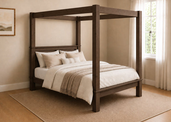 Richmond Four Poster natural wood bed frame with strong square posts and simple canopy in walnut finish.