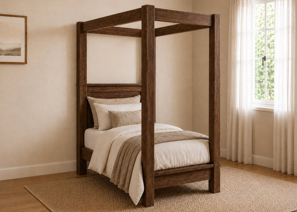 Richmond Four Poster natural wood bed frame with strong square posts and simple canopy in walnut finish and single size.