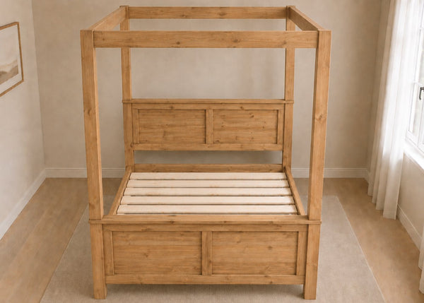 Richmond Four Poster solid wood bed frame with natural finish and slatted base.
