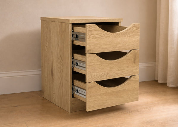 Robust 3 Drawer Bedside Front in Oak, Drawers Open