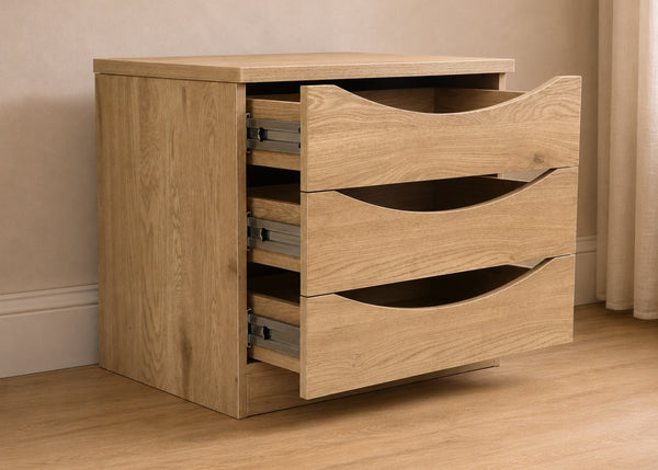 Robust 3 Drawer Chest Front in Oak, Drawers Open