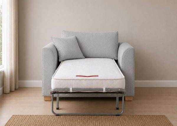 Rowan Sofa Bed Armchair in Flat Weave Silver with Natural Feet and Mattress Out