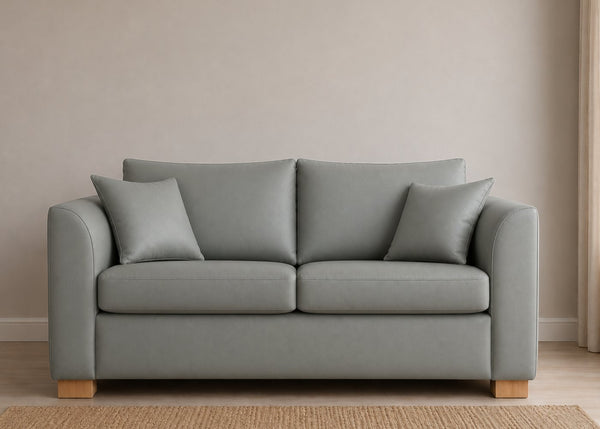 Rowan Sofa Bed in Faux Leather Mist with Natural Feet