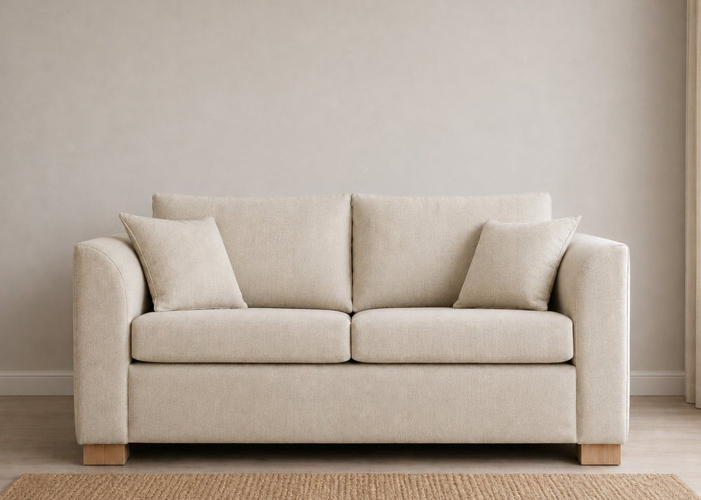 Rowan Sofa Bed in Flat Weave Stone with Natural Feet and the Mattress Out