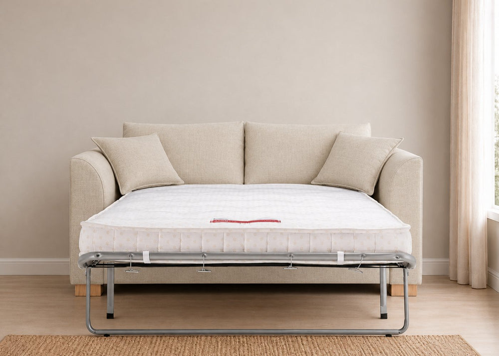 Rowan Sofa Bed in Flat Weave Stone with Natural Feet and the Mattress Out