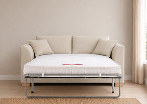 Rowan Sofa Bed in Flat Weave Stone with Natural Feet and the Mattress Out