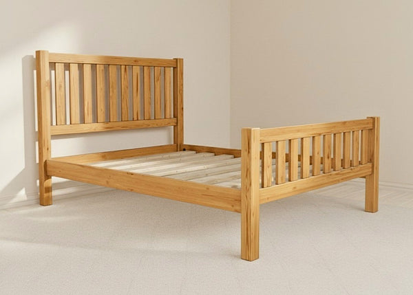 Sandringham Shaker bed frame in natural solid pine with slatted headboard, footboard, and thick solid slats.