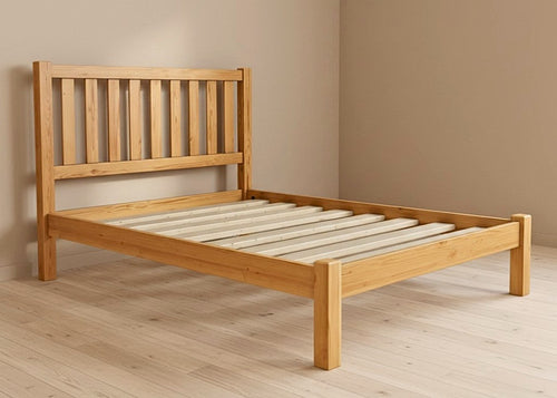 Sandringham Shaker solid pine wooden bed frame with slatted headboard and thick solid slats.