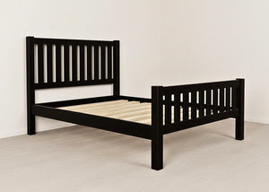 Black Sandringham Shaker solid pine bed frame with slatted headboard, footboard, and wooden slats.