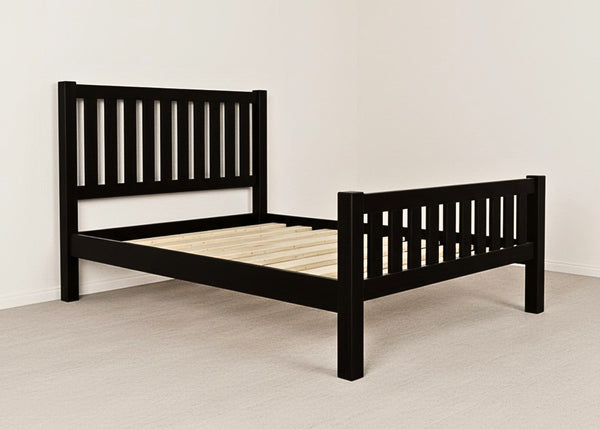 Black Sandringham Shaker solid pine bed frame with slatted headboard, footboard, and wooden slats.