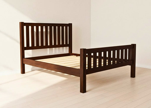 Sandringham Shaker Solid Oak Bed frame with dark wood finish and sturdy wooden slats.