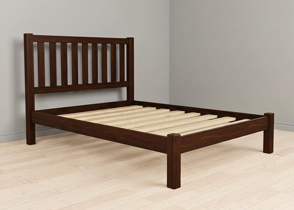 Sandringham Shaker Solid Oak Bed with dark wood finish and strong wooden slats.