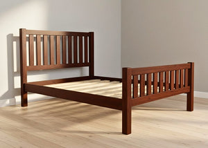 Sandringham Shaker Bed: sturdy wooden bed frame with slatted headboard, footboard, and solid slats.