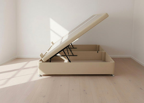 Beige fabric side lift ottoman bed with thick corner posts and reinforced storage base, open to show gas-assisted mechanism.