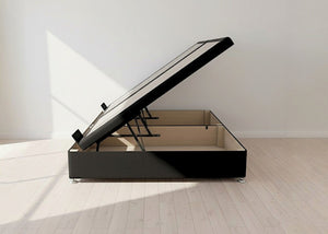 Black fabric side lift ottoman bed with thick corner posts, reinforced storage base, and gas-assisted mechanism.