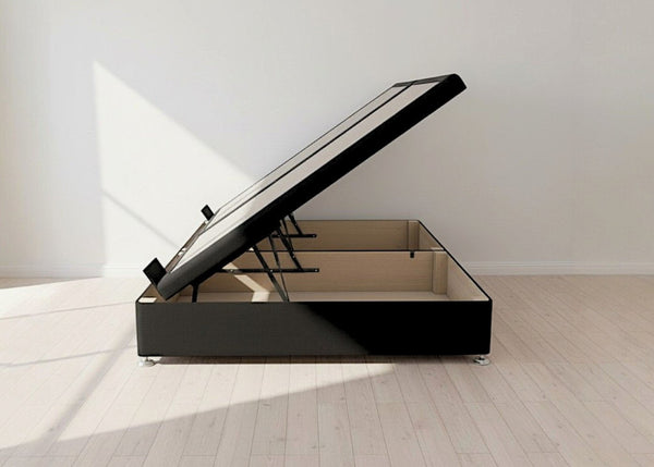 Black fabric side lift ottoman bed with thick corner posts, reinforced storage base, and gas-assisted mechanism.